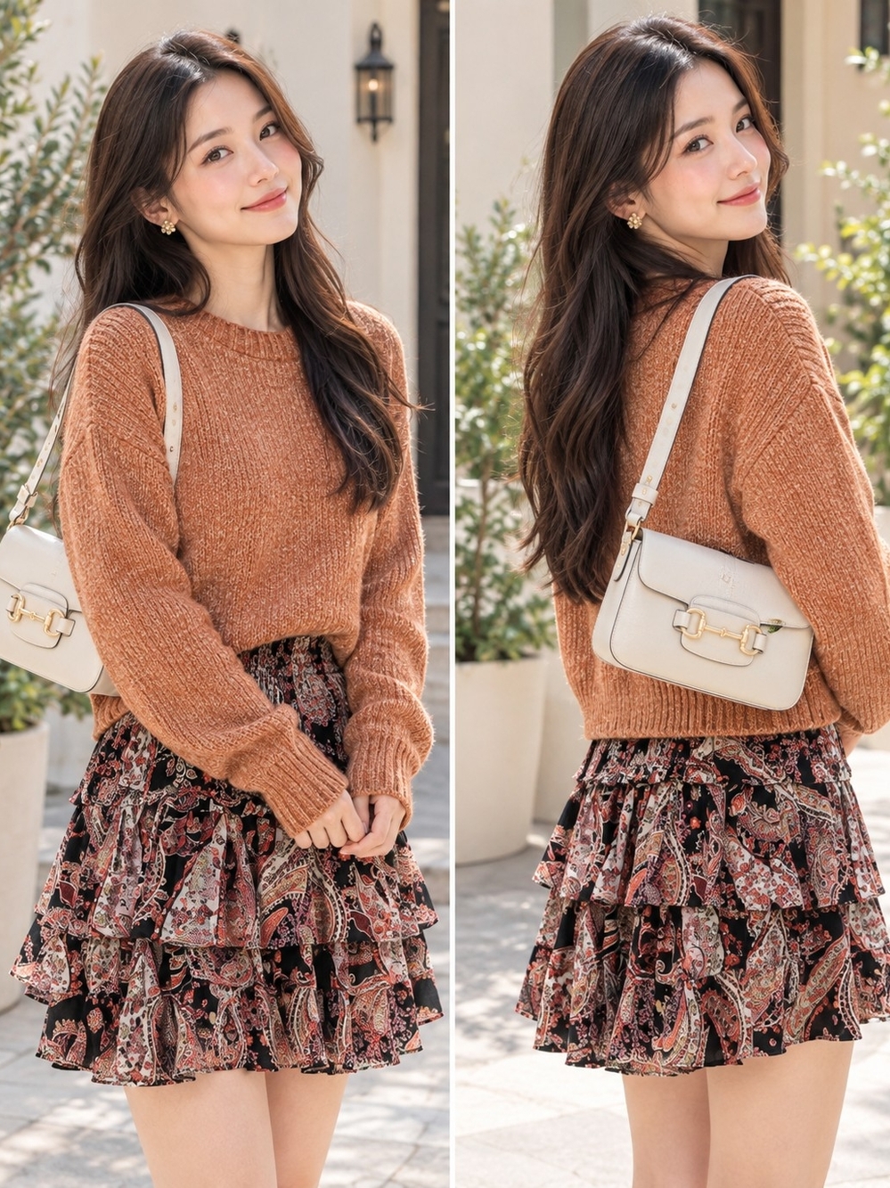 Anthropologie FALL SET ALERT: Textured Rust Sweater Tiered Paisley Skirt